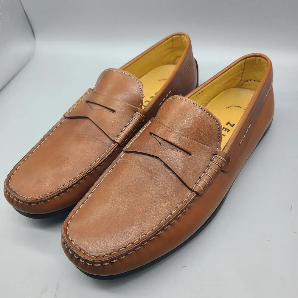 Zelli Monza mens tan brown Italian Calfskin Driver Penny Loafers Italy sz 11.5